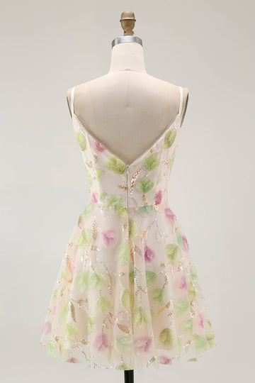 Apricot Floral Sequin A Line Mini Homecoming Dress